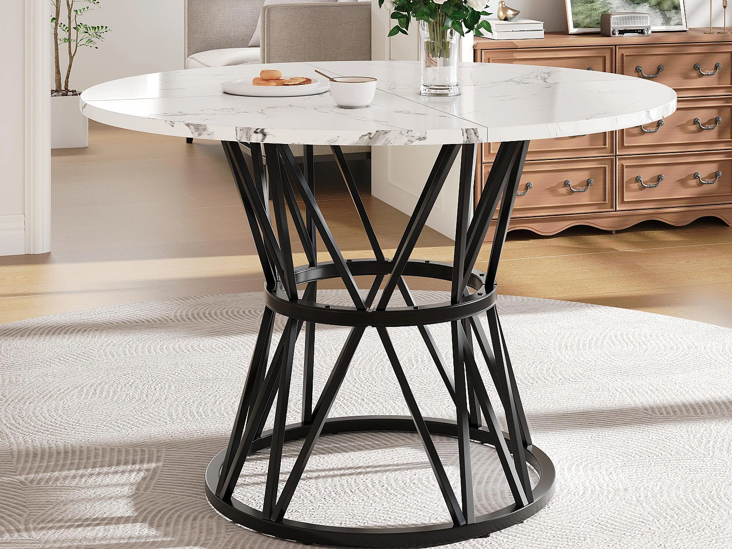 Table à manger ronde - 4 personnes - placage à motif marbre - Cadre en métal - MDF - Blanc & Noir