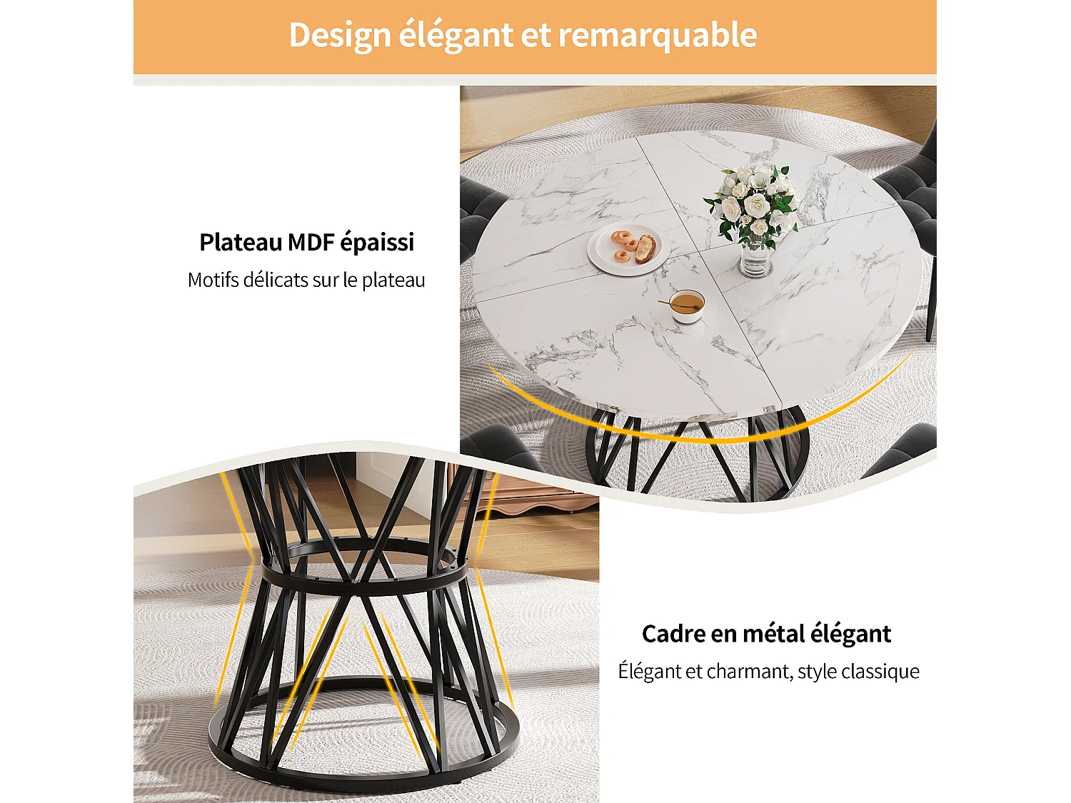Table à manger ronde - 4 personnes - placage à motif marbre - Cadre en métal - MDF - Blanc & Noir