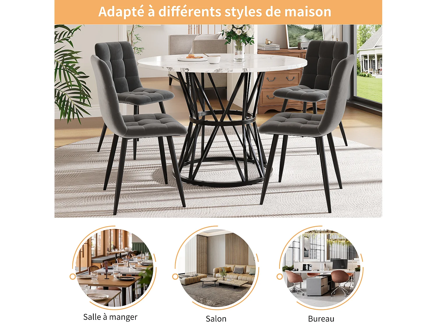 Table à manger ronde - 4 personnes - placage à motif marbre - Cadre en métal - MDF - Blanc & Noir