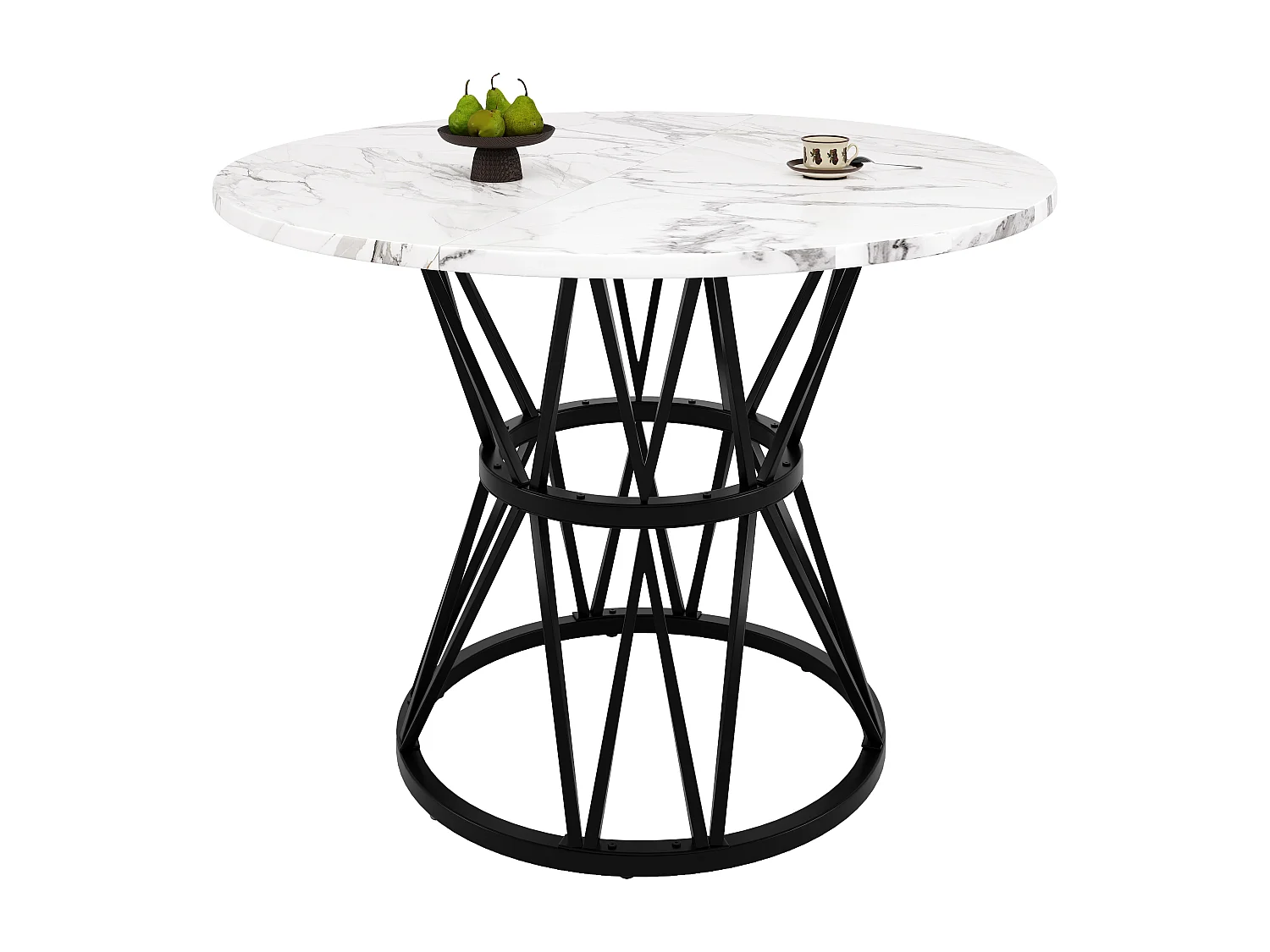 Table à manger ronde - 4 personnes - placage à motif marbre - Cadre en métal - MDF - Blanc & Noir