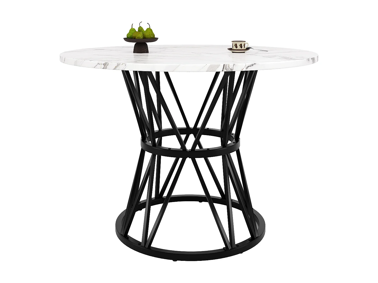 Table à manger ronde - 4 personnes - placage à motif marbre - Cadre en métal - MDF - Blanc & Noir