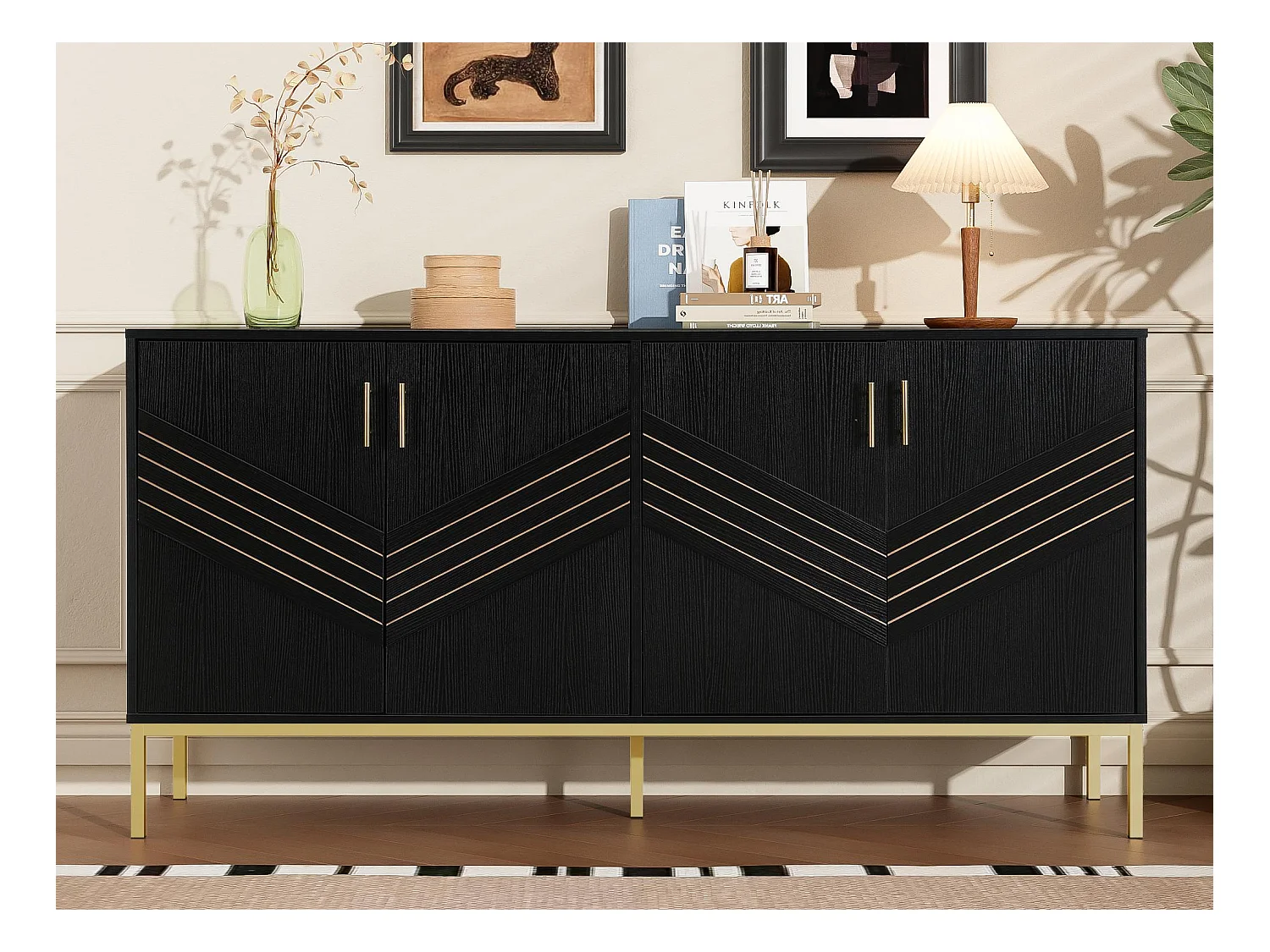 Buffet moderne 160x40x80.5cm - avec 4 portes - MDF - noir