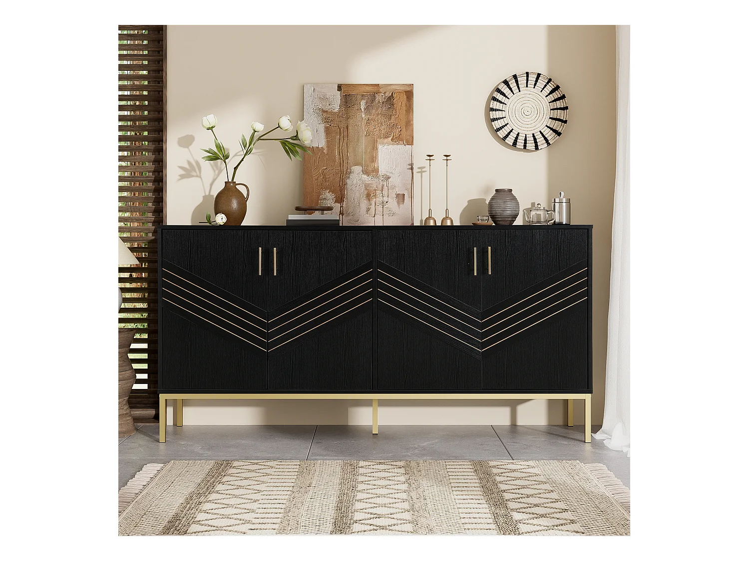 Buffet moderne 160x40x80.5cm - avec 4 portes - MDF - noir