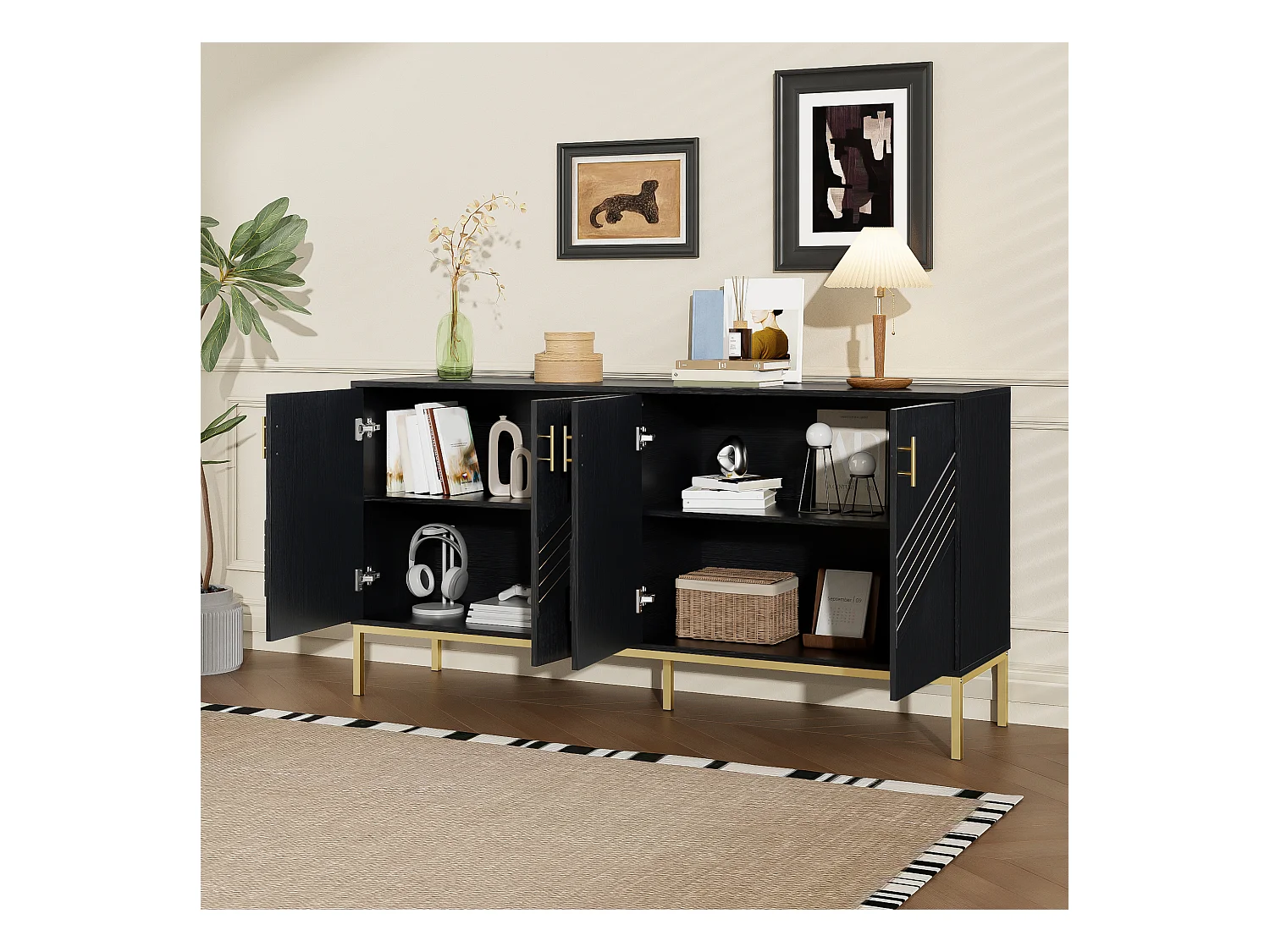 Buffet moderne 160x40x80.5cm - avec 4 portes - MDF - noir