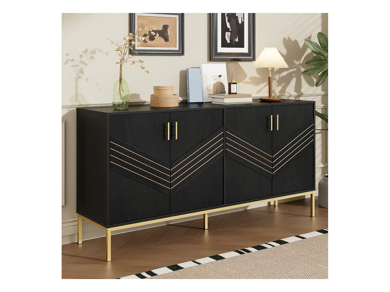 Buffet moderne 160x40x80.5cm - avec 4 portes - MDF - noir