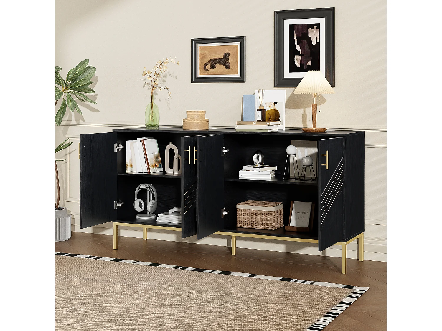 Credenza moderna 160×40×80,5 cm - con 4 ante - MDF - nero