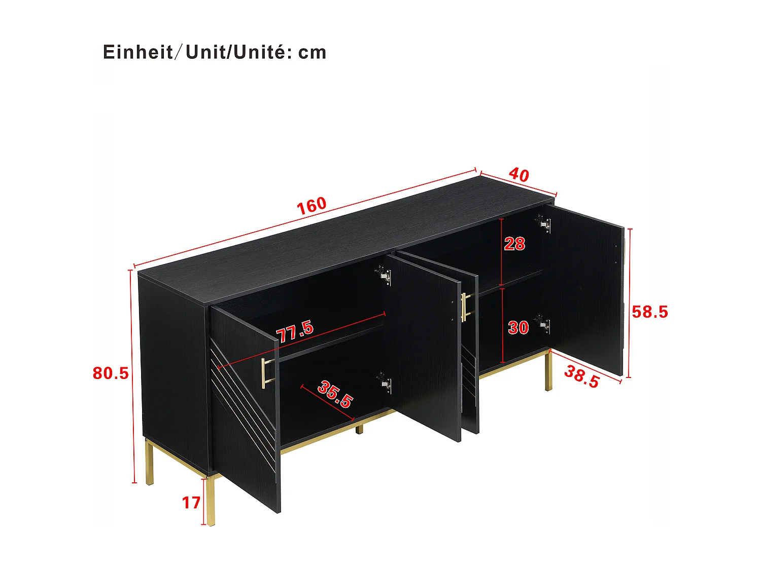 Credenza moderna 160×40×80,5 cm - con 4 ante - MDF - nero