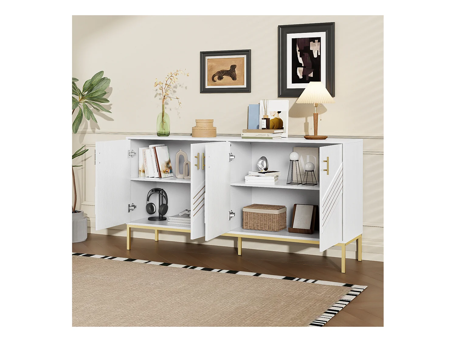 Buffet moderne 160x40x80.5cm - avec 4 portes - MDF - blanc