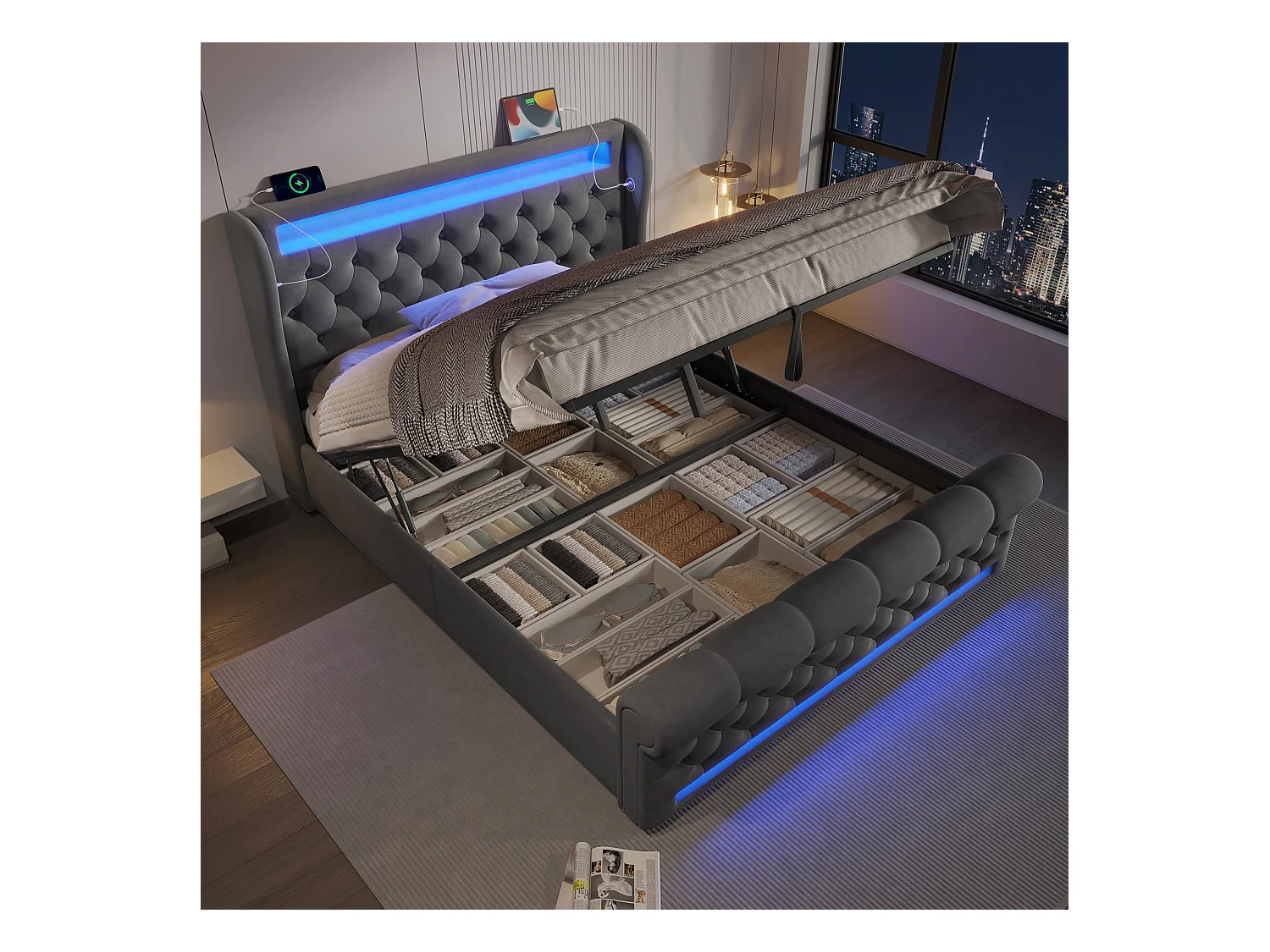 Letto con contenitore imbottito 140x200cm - con LED - con porte USB e Type-C - Velluto - Grigio