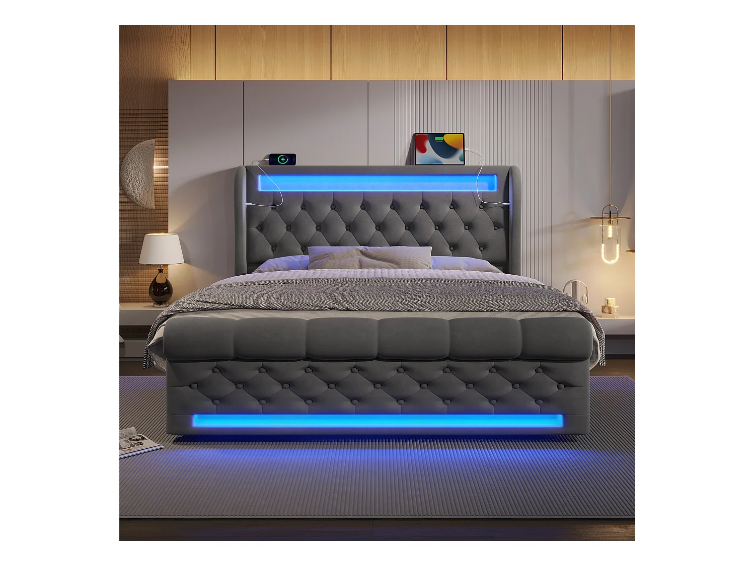 Letto con contenitore imbottito 140x200cm - con LED - con porte USB e Type-C - Velluto - Grigio