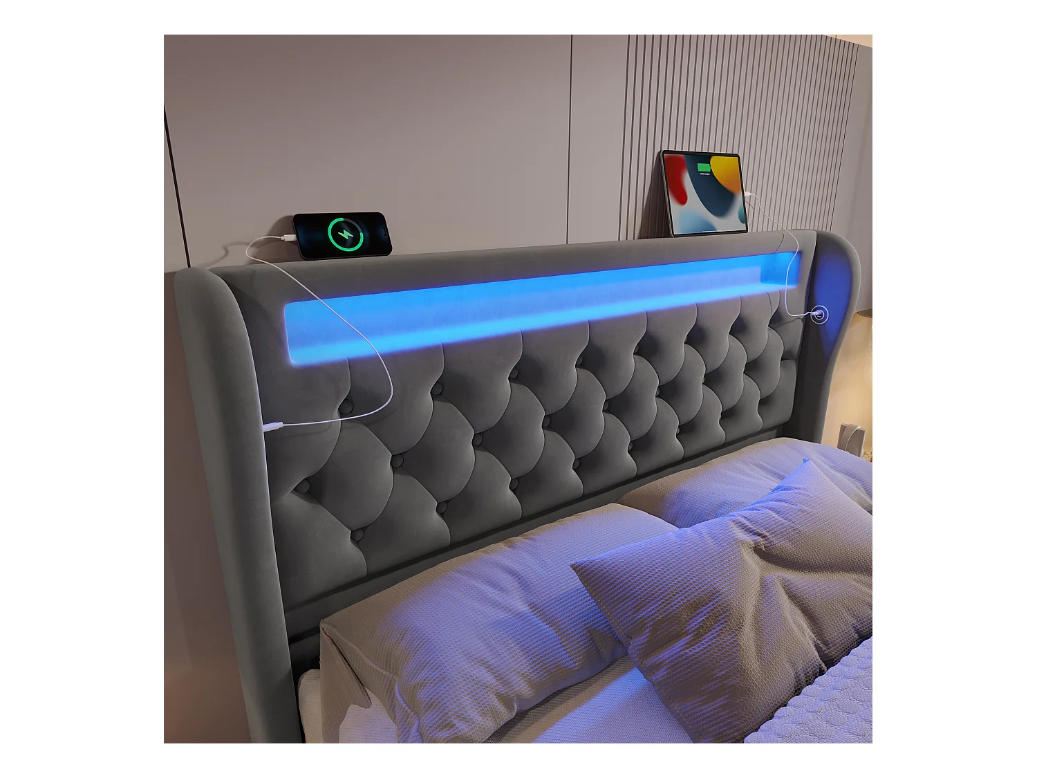 Letto con contenitore imbottito 140x200cm - con LED - con porte USB e Type-C - Velluto - Grigio
