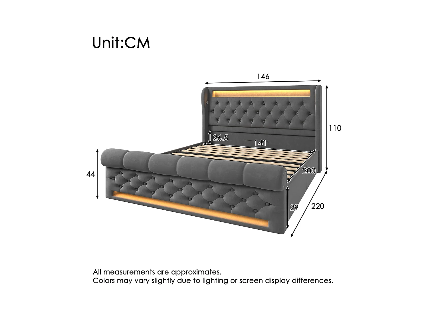Letto con contenitore imbottito 140x200cm - con LED - con porte USB e Type-C - Velluto - Grigio