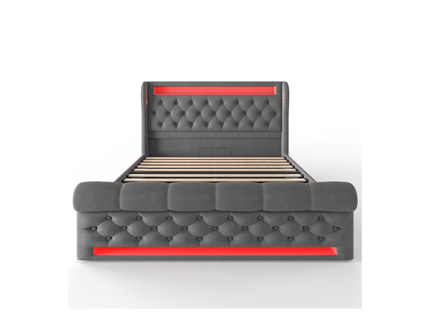 Letto con contenitore imbottito 140x200cm - con LED - con porte USB e Type-C - Velluto - Grigio