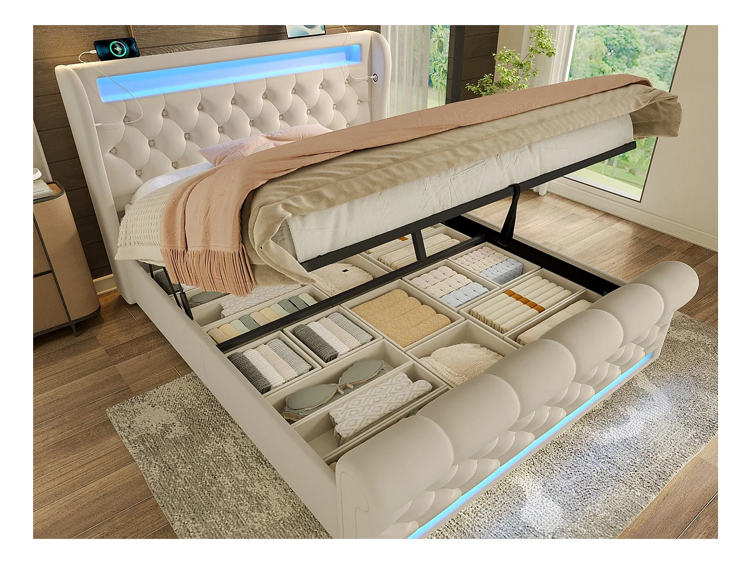 Cama tapizada con almacenaje 160x200cm - con LED - con puertos USB y Type-C - Terciopelo - Beige