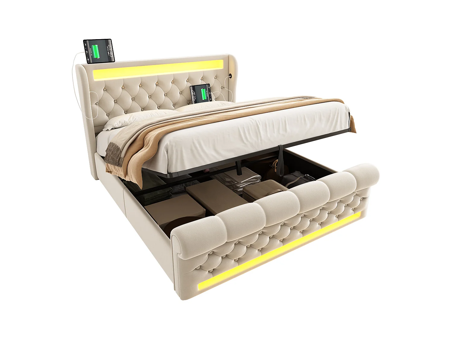 Cama tapizada con almacenaje 160x200cm - con LED - con puertos USB y Type-C - Terciopelo - Beige