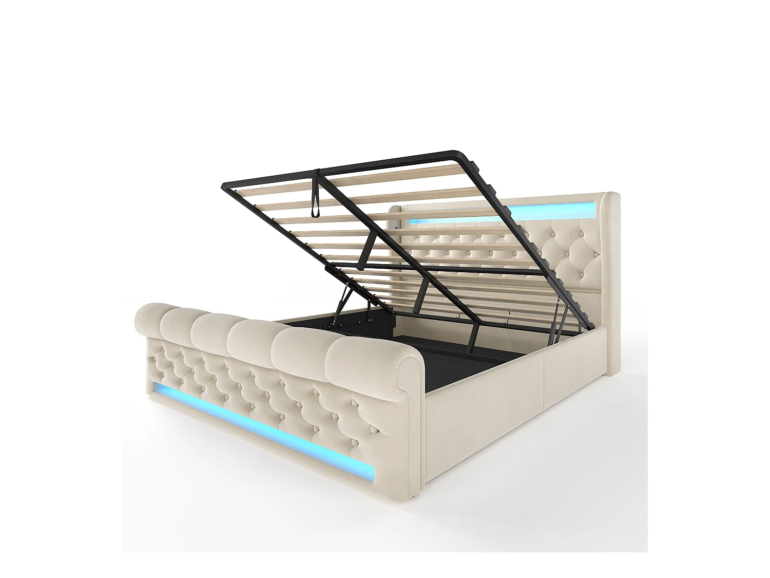 Cama tapizada con almacenaje 160x200cm - con LED - con puertos USB y Type-C - Terciopelo - Beige
