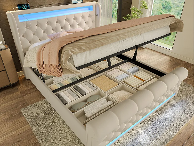 Gestofferd opbergbed 160x200cm - met LED - met USB- en Type-C-poorten - Velvet - Beige