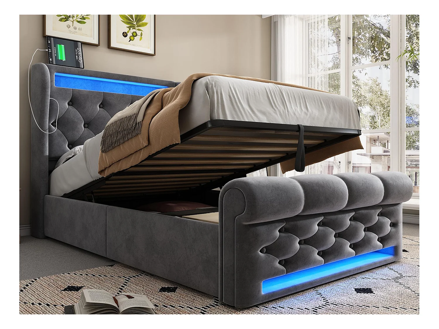 Lit coffre capitonné 90x200cm - avec LED - avec ports USB et Type-C - Velours - Gris