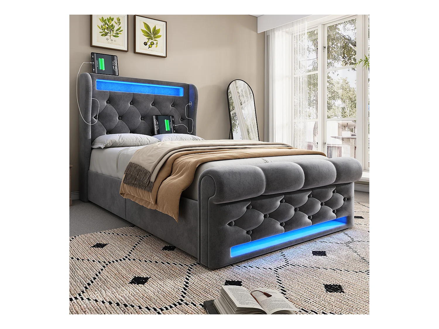 Lit coffre capitonné 90x200cm - avec LED - avec ports USB et Type-C - Velours - Gris