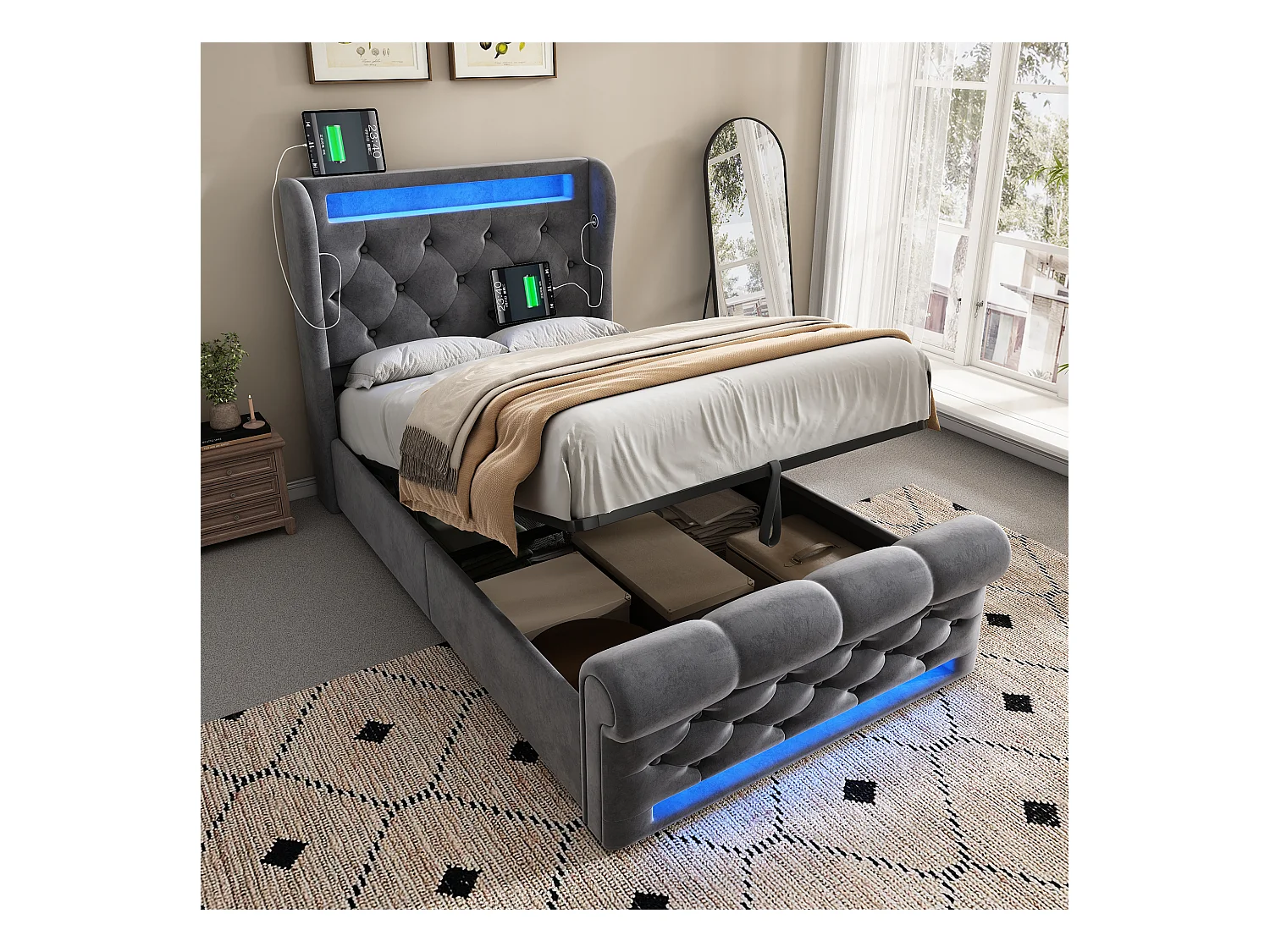 Lit coffre capitonné 90x200cm - avec LED - avec ports USB et Type-C - Velours - Gris