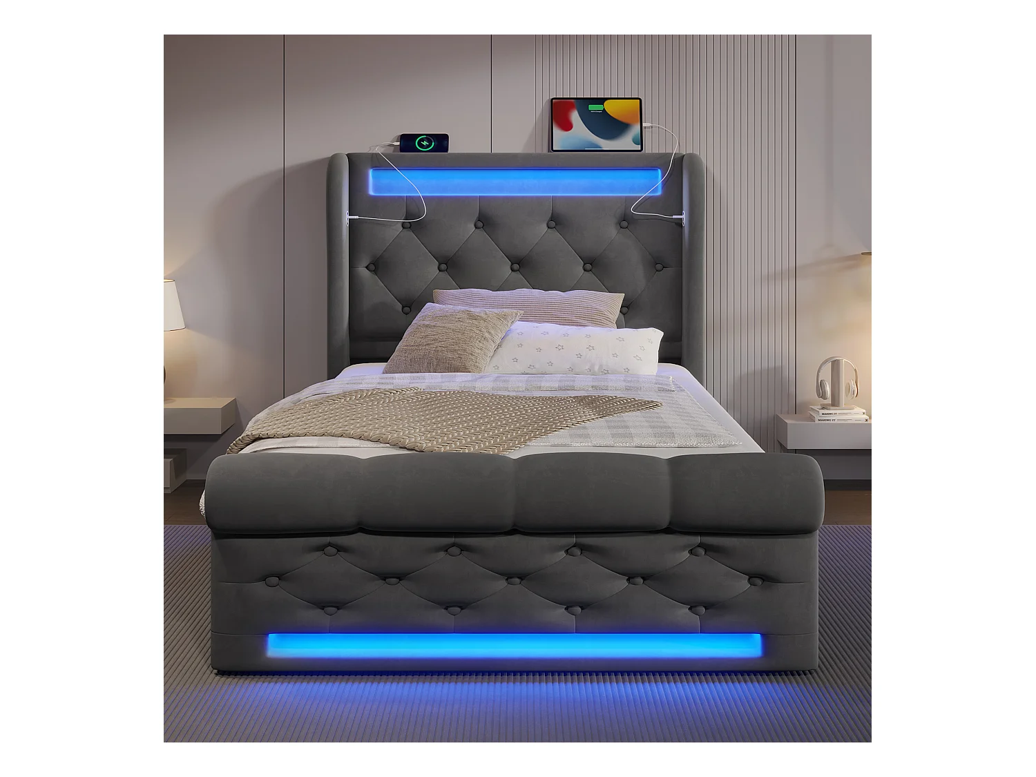Lit coffre capitonné 90x200cm - avec LED - avec ports USB et Type-C - Velours - Gris