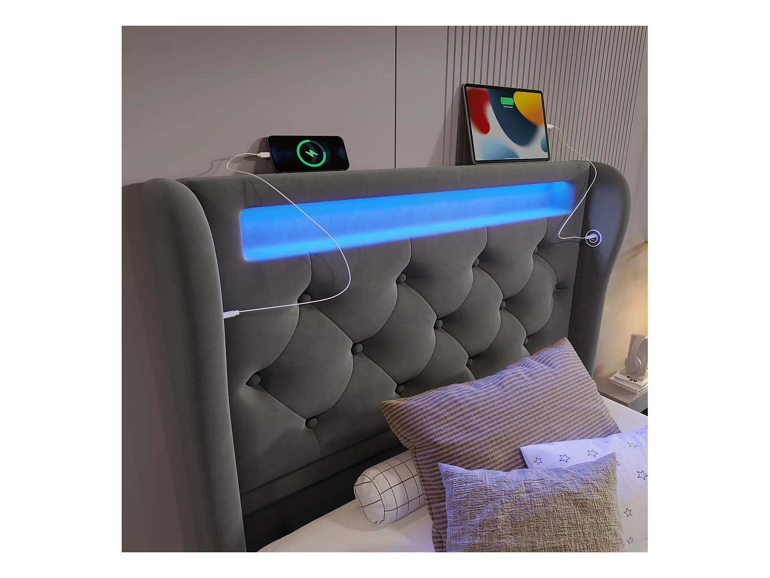 Lit coffre capitonné 90x200cm - avec LED - avec ports USB et Type-C - Velours - Gris