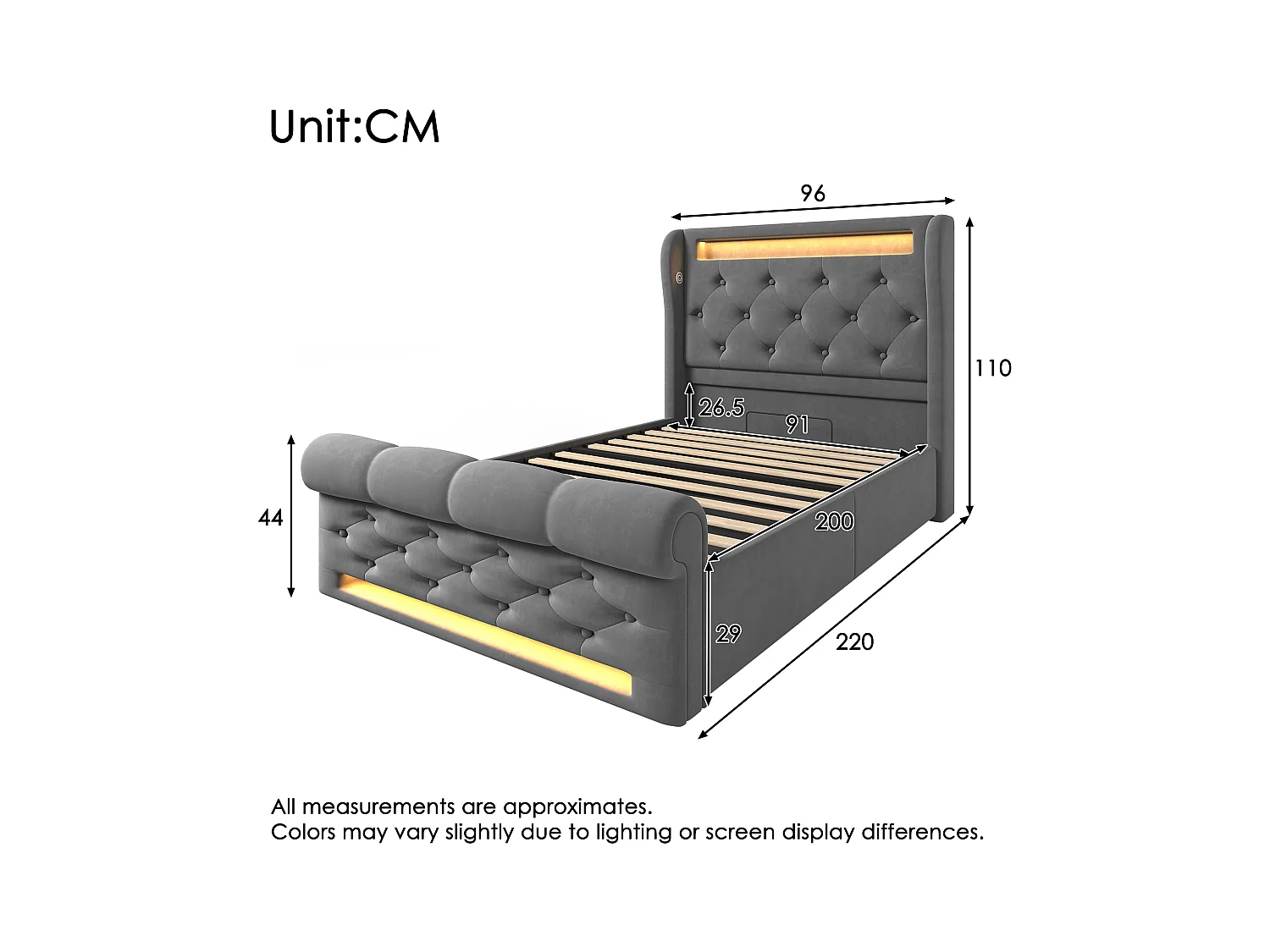 Lit coffre capitonné 90x200cm - avec LED - avec ports USB et Type-C - Velours - Gris