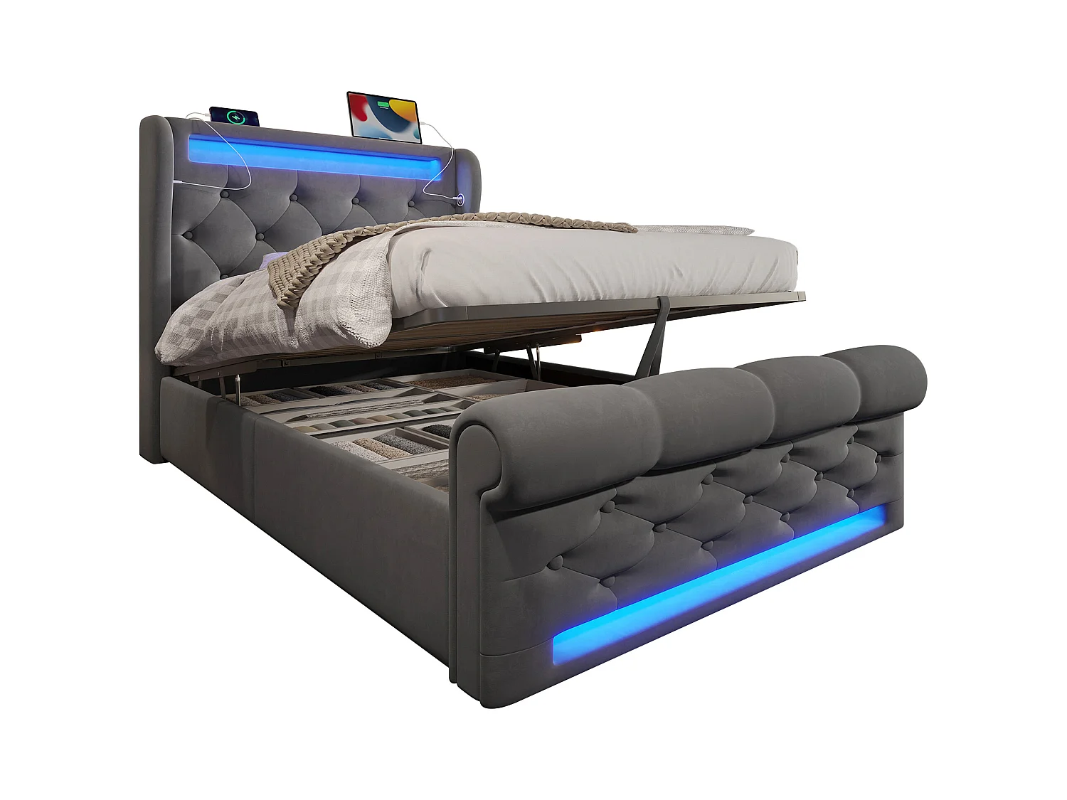 Lit coffre capitonné 90x200cm - avec LED - avec ports USB et Type-C - Velours - Gris