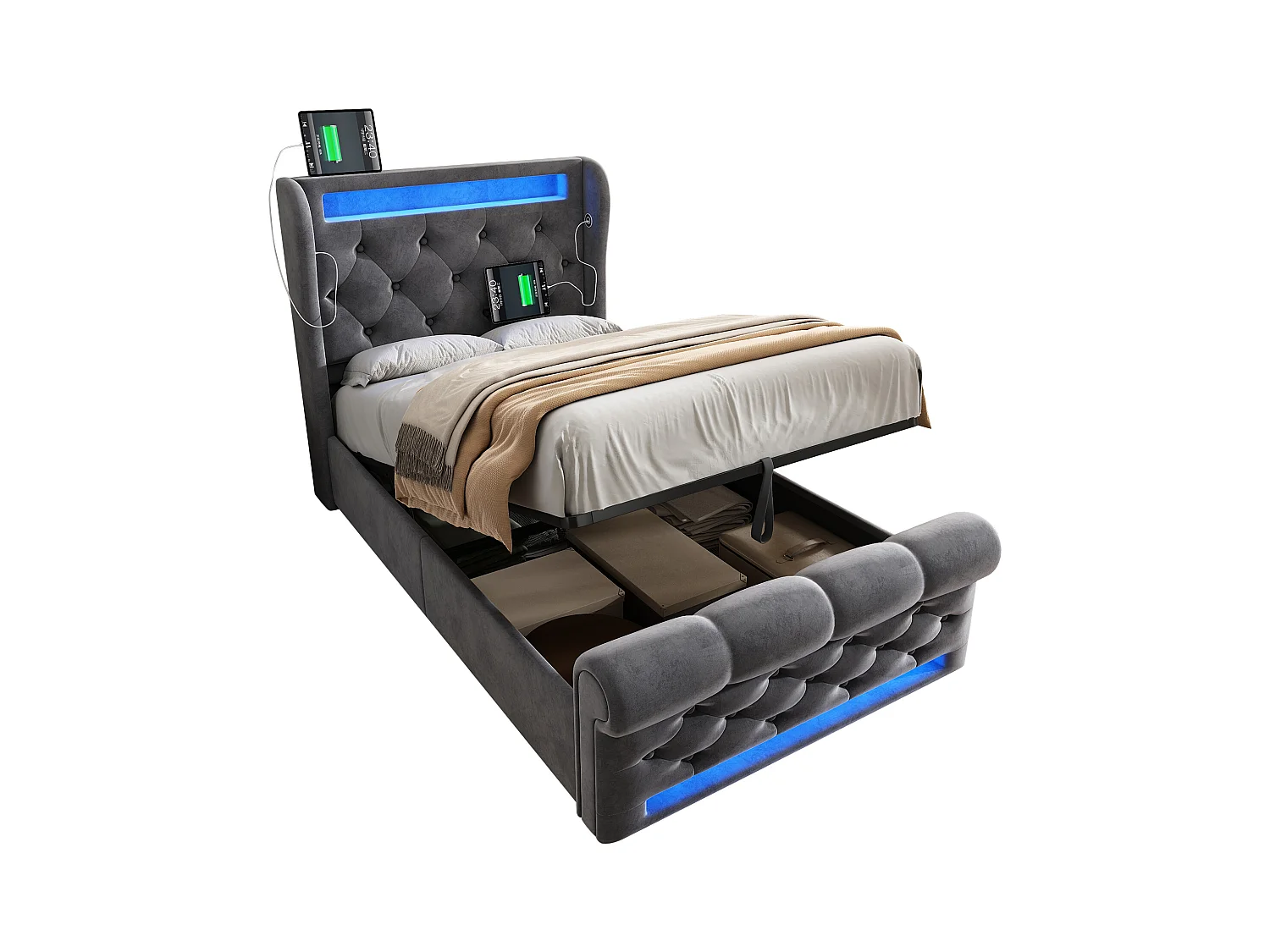 Lit coffre capitonné 90x200cm - avec LED - avec ports USB et Type-C - Velours - Gris