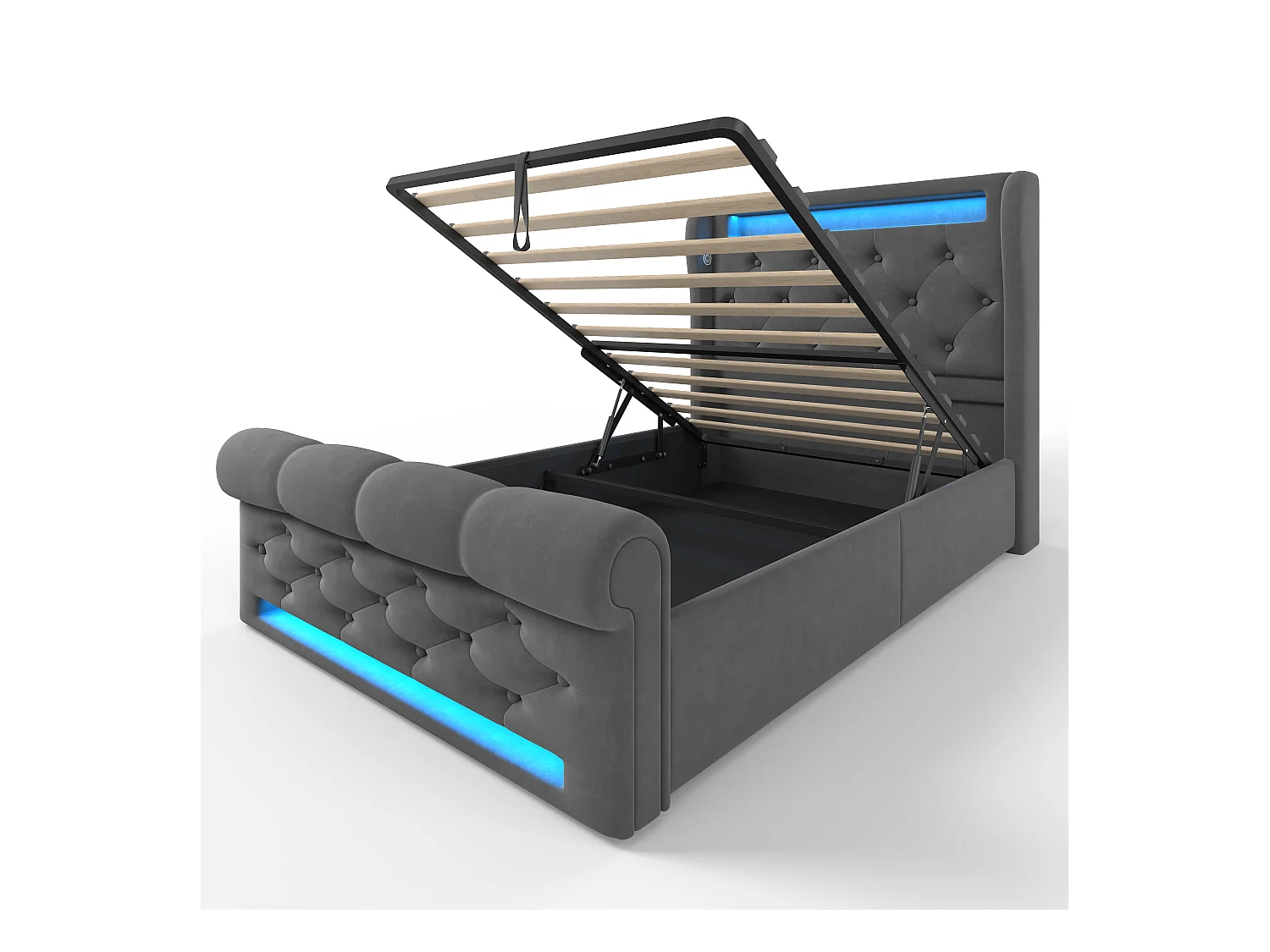 Lit coffre capitonné 90x200cm - avec LED - avec ports USB et Type-C - Velours - Gris