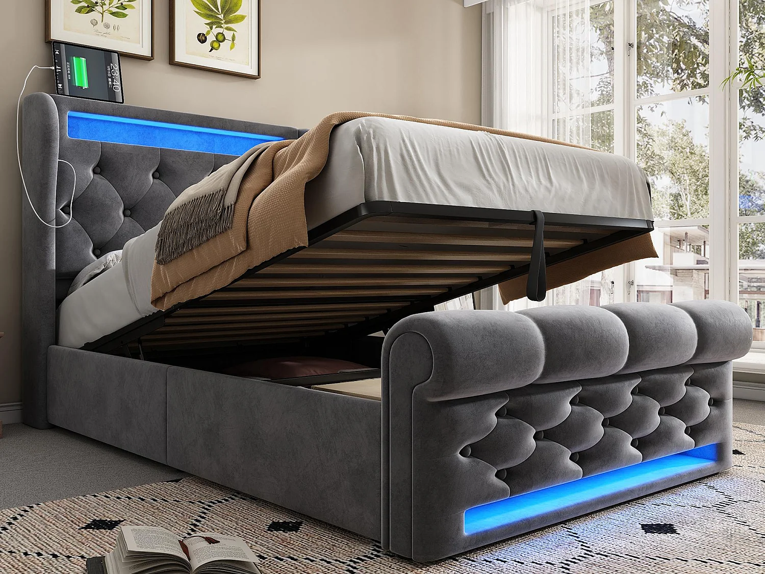 Gepolstertes Stauraumbett 90x200cm - mit LED - mit USB- und Type-C-Anschlüssen - Samt - Grau