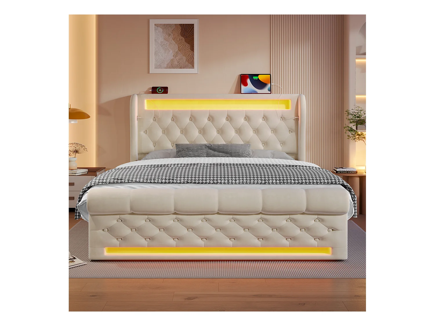 Lit coffre capitonné 140x200cm - avec LED - avec ports USB et Type-C - Velours - Beige