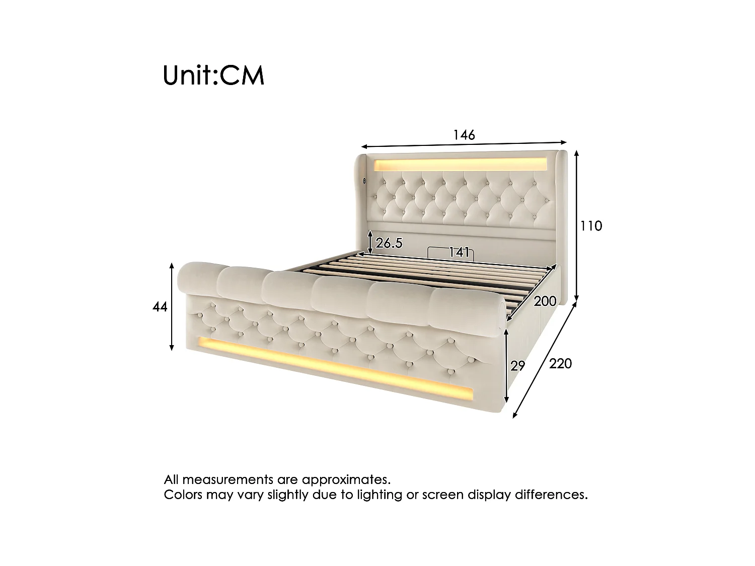 Lit coffre capitonné 140x200cm - avec LED - avec ports USB et Type-C - Velours - Beige