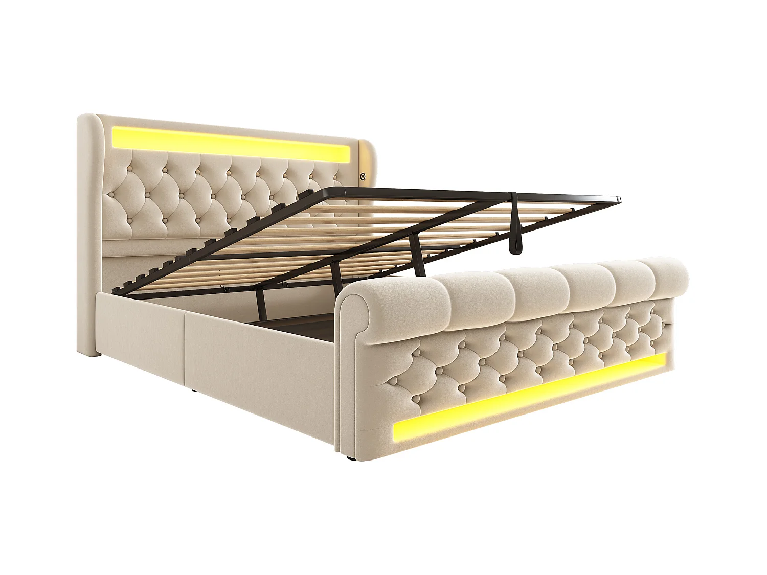 Lit coffre capitonné 140x200cm - avec LED - avec ports USB et Type-C - Velours - Beige