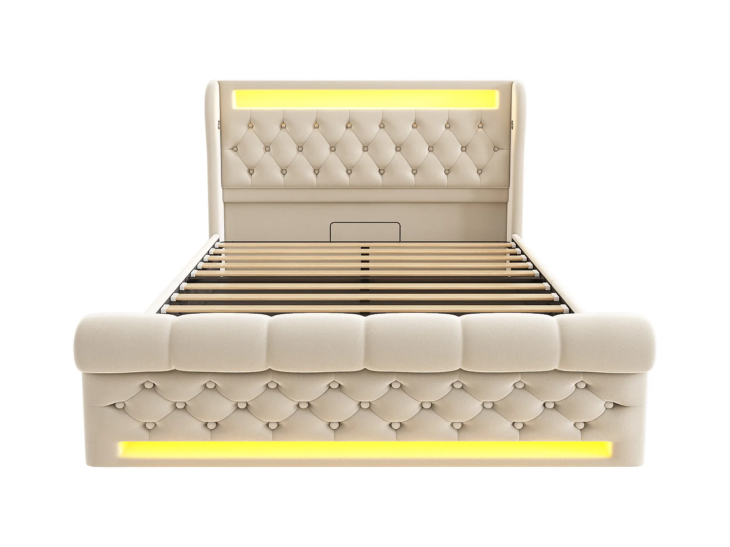 Lit coffre capitonné 140x200cm - avec LED - avec ports USB et Type-C - Velours - Beige