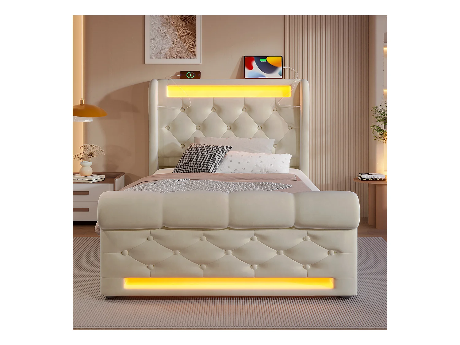 Gestofferd opbergbed 90x200cm - met LED - met USB- en Type-C-poorten - Velvet - Beige