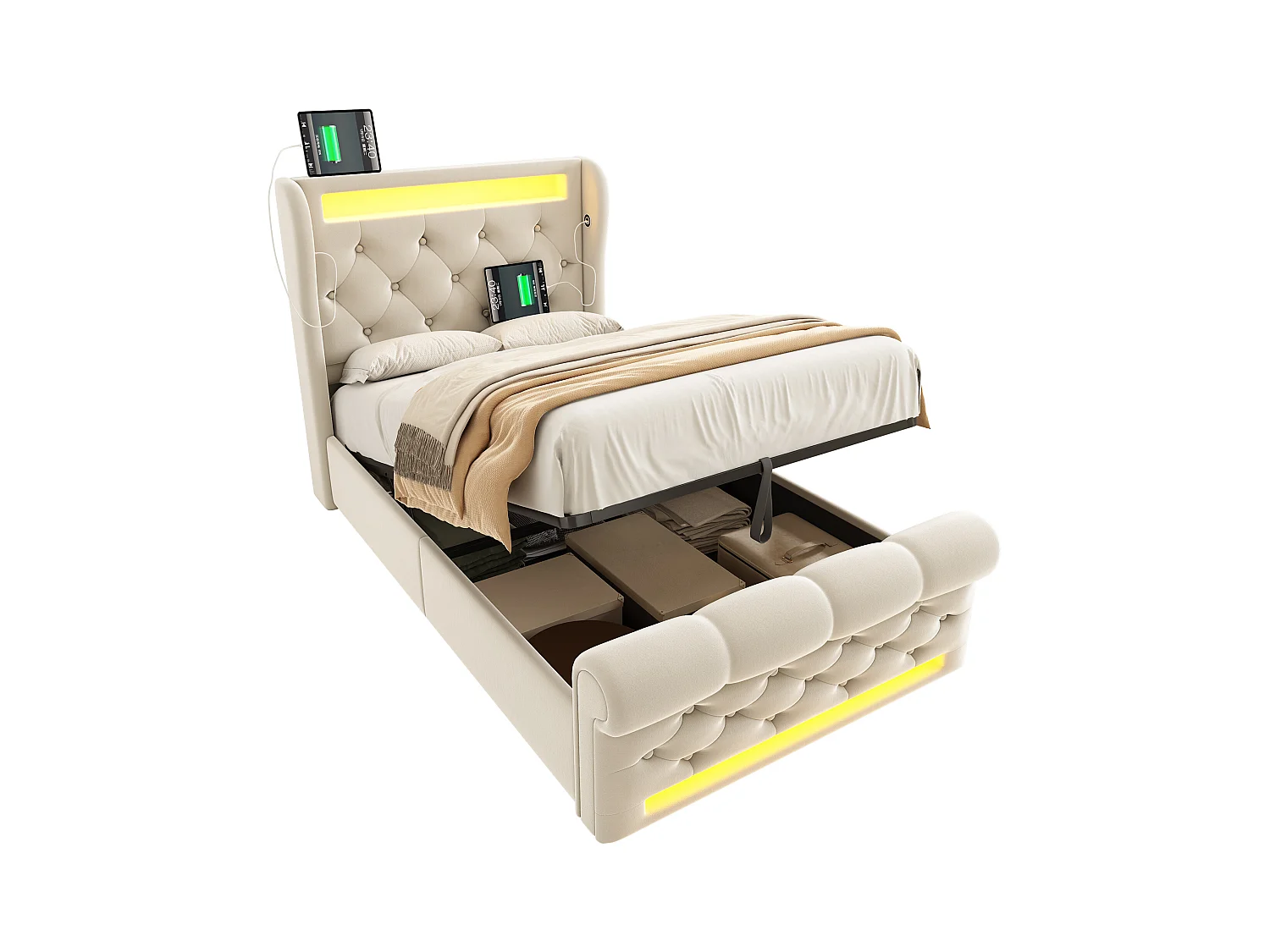 Gestofferd opbergbed 90x200cm - met LED - met USB- en Type-C-poorten - Velvet - Beige