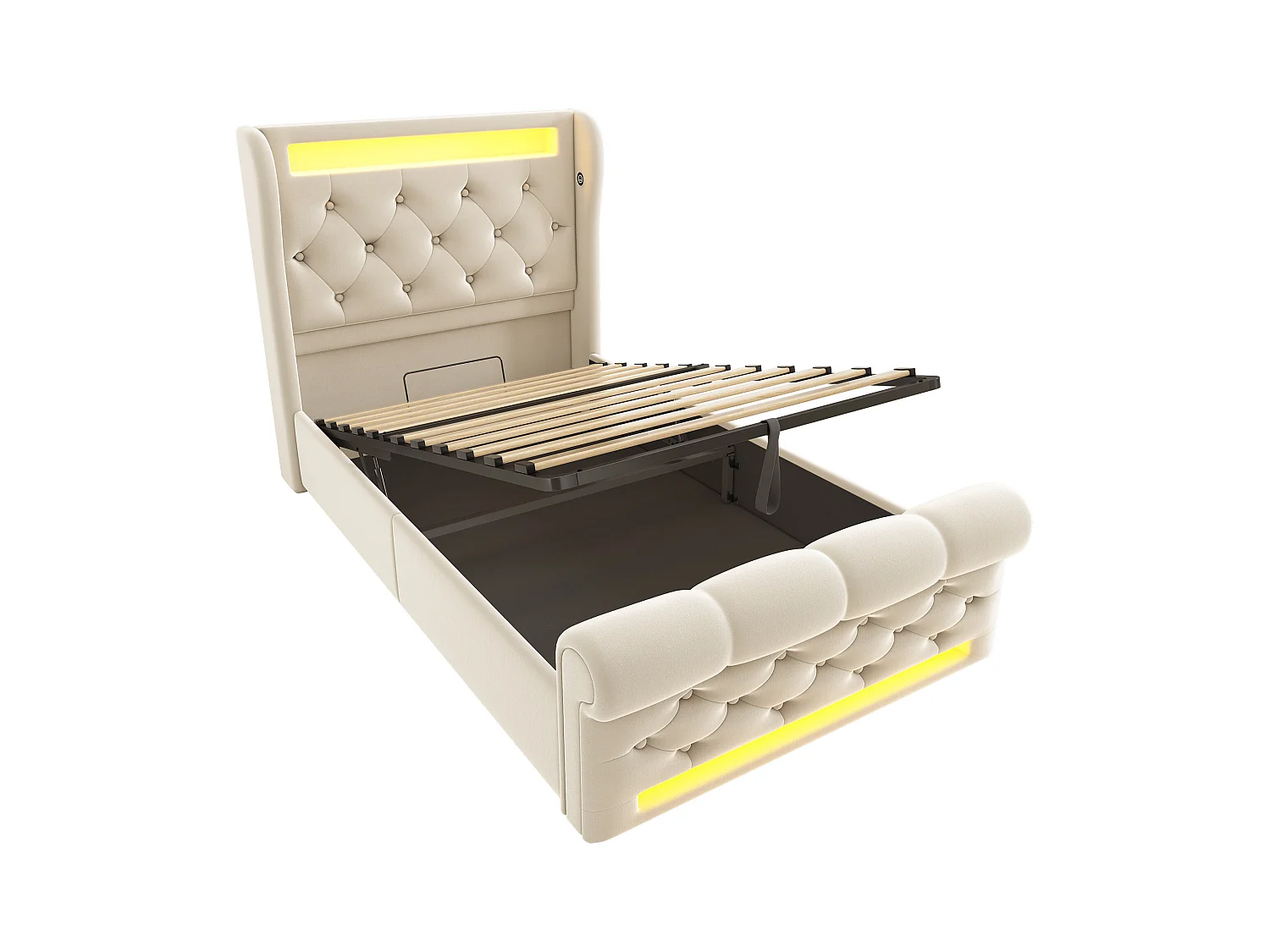 Gestofferd opbergbed 90x200cm - met LED - met USB- en Type-C-poorten - Velvet - Beige