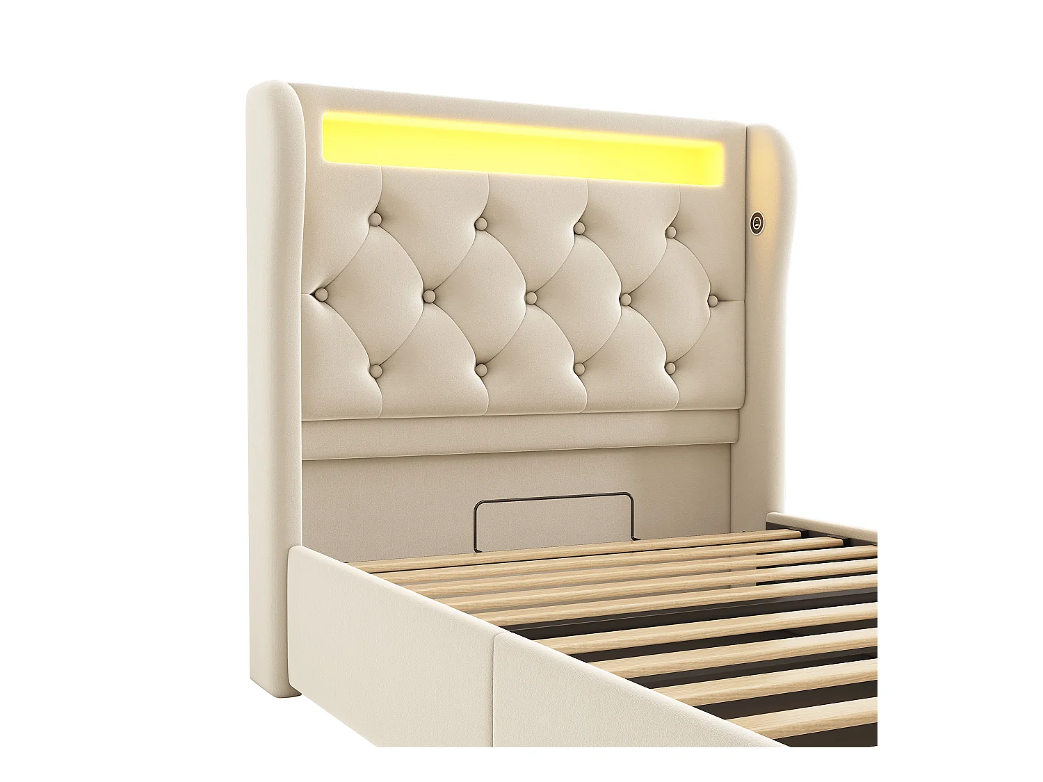 Gestofferd opbergbed 90x200cm - met LED - met USB- en Type-C-poorten - Velvet - Beige
