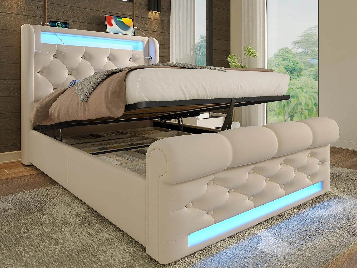 Gepolstertes Stauraumbett 90x200cm - mit LED - mit USB- und Type-C-Anschlüssen - Samt - Beige