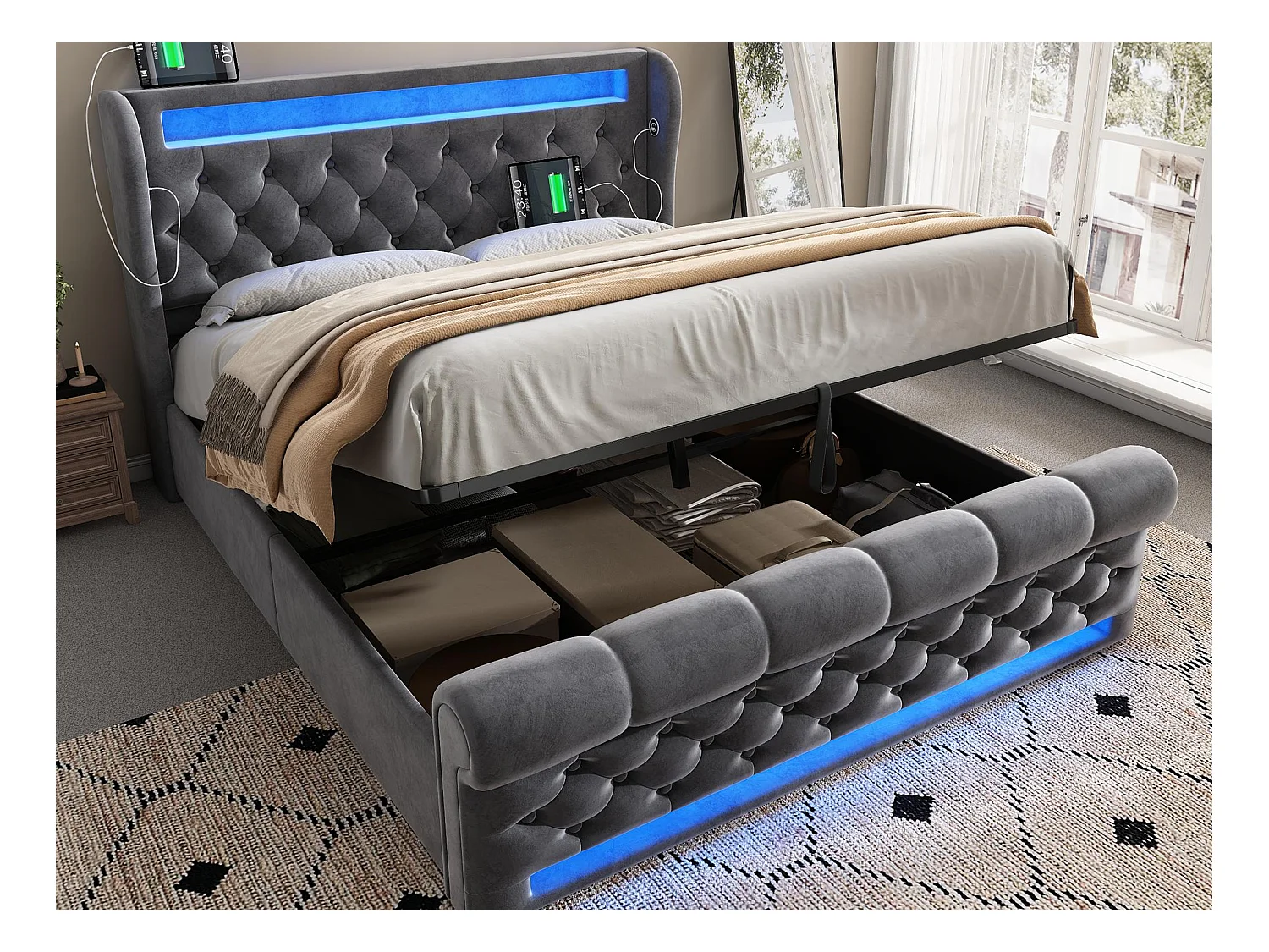 Gepolstertes Stauraumbett 160x200cm - mit LED - mit USB- und Type-C-Anschlüssen - Samt - Grau
