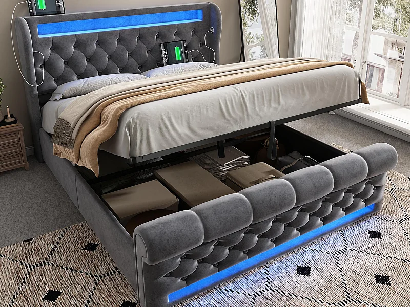 Lit coffre capitonné 160x200cm - avec LED - avec ports USB et Type-C - Velours - Gris