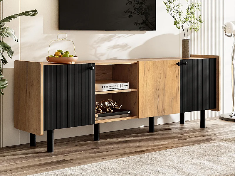 Modern TV-meubel 160×38×57 cm - met 3 deuren - met 2 scheiders - naturel + zwart