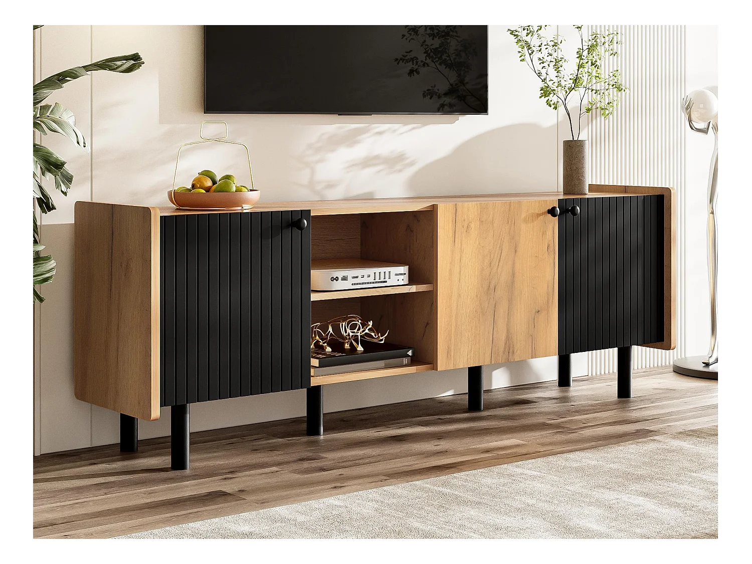 Meuble TV moderne 160x38x57cm - avec 3 portes - avec 2 séparateurs - naturel + noir