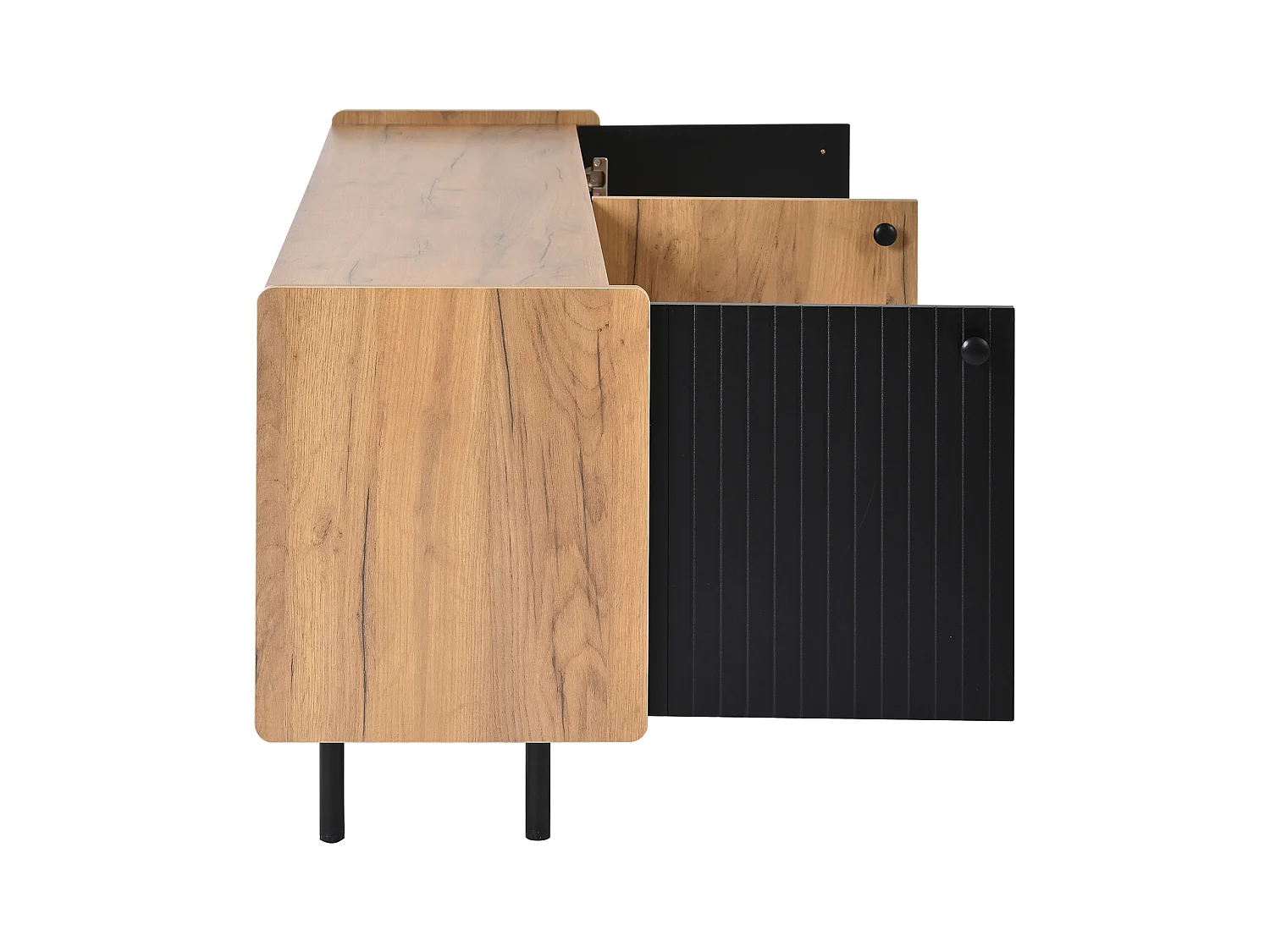 Meuble TV moderne 160x38x57cm - avec 3 portes - avec 2 séparateurs - naturel + noir