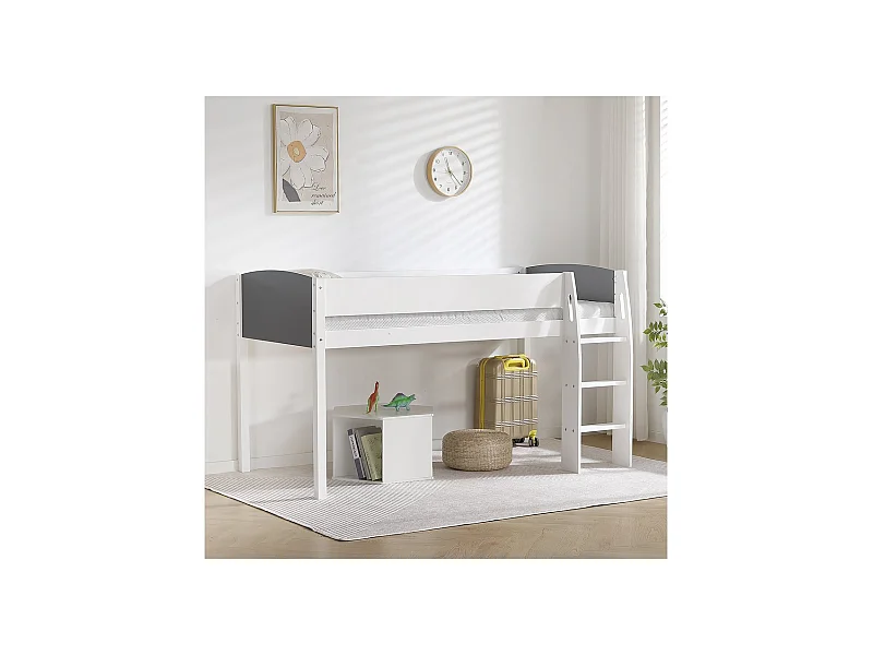 Kinderhochbett Alia aus Holz - 90 x 190 cm - Weiß/Grau