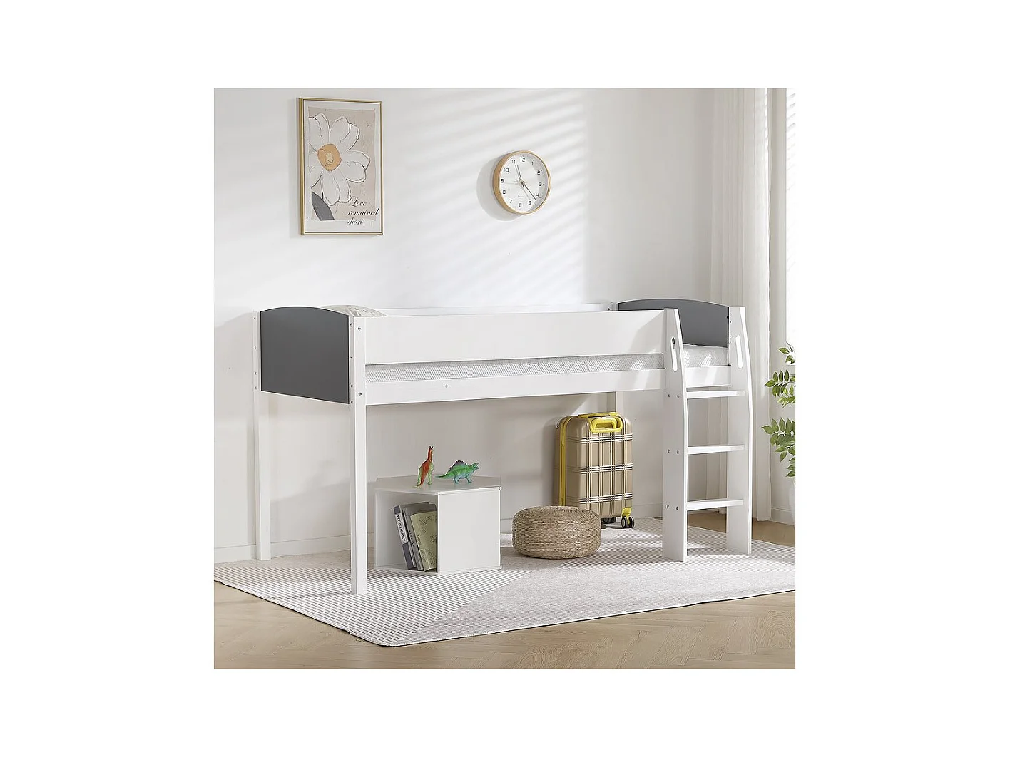 Lit mezzanine en bois pour enfant "Alia" - 90 x 190 cm - Blanc/Gris