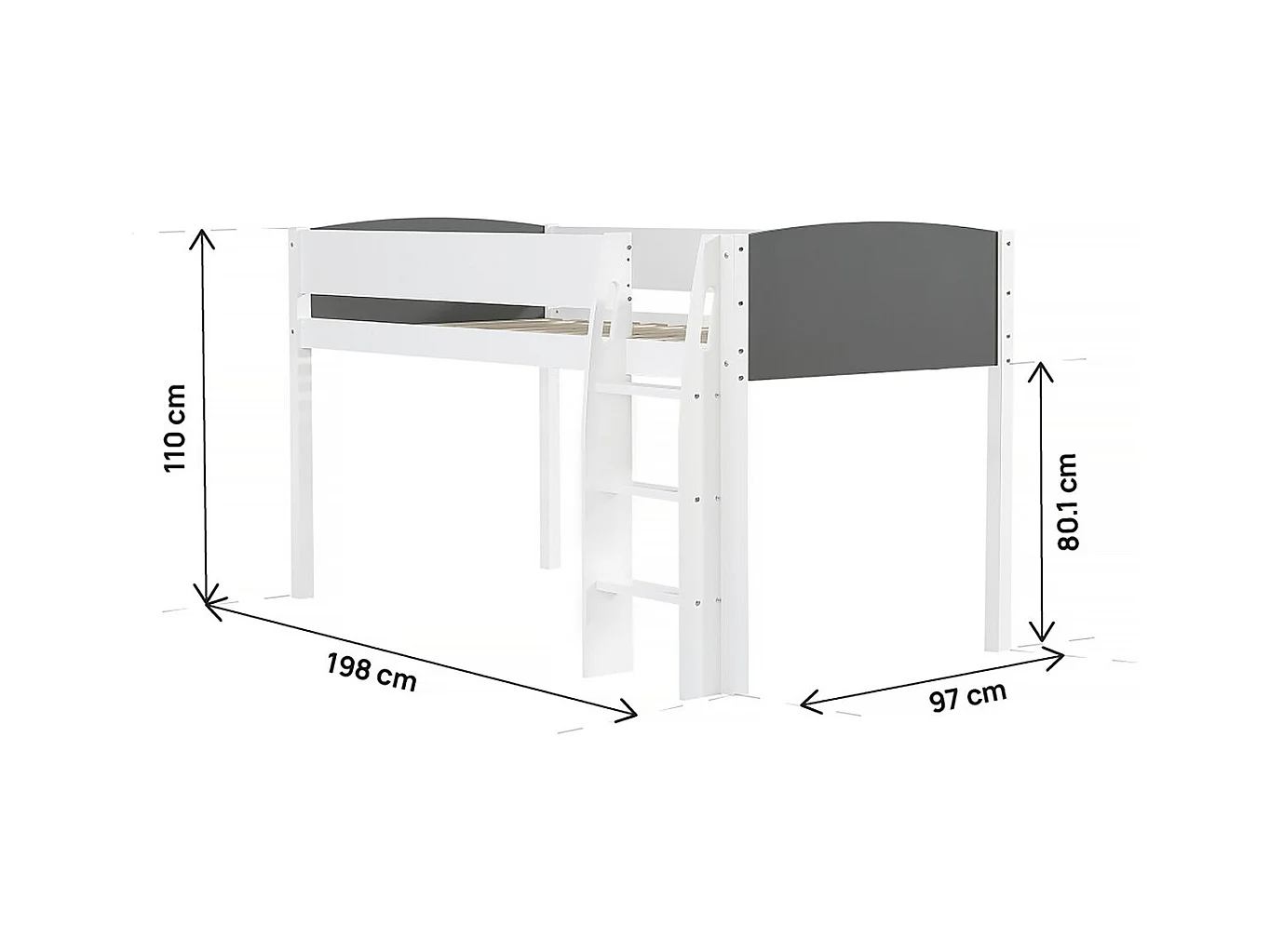 Lit mezzanine en bois pour enfant "Alia" - 90 x 190 cm - Blanc/Gris