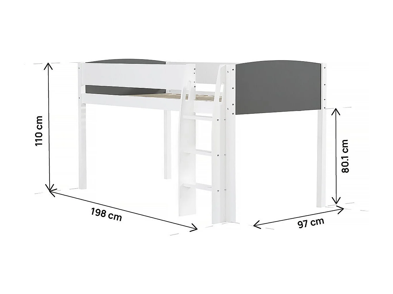 Lit mezzanine en bois pour enfant "Alia" - 90 x 190 cm - Blanc/Gris