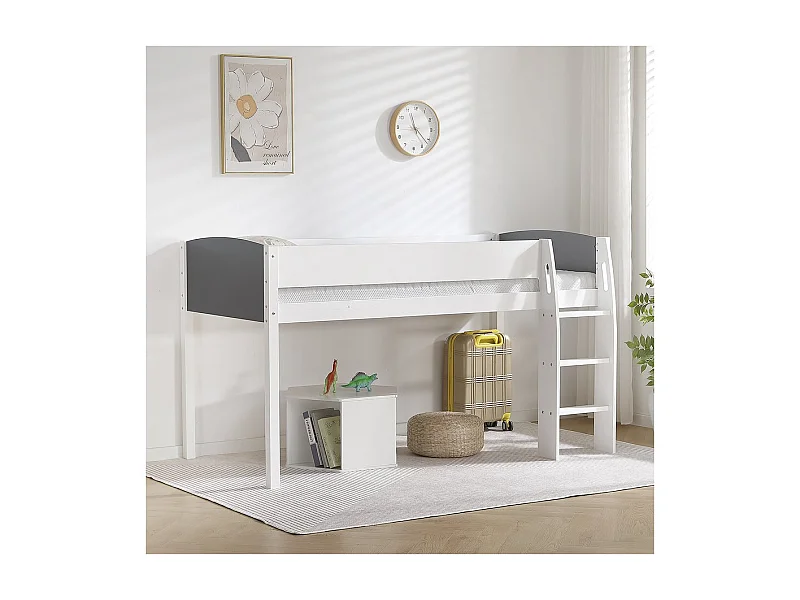 Letto a soppalco in legno per bambini Alia - 90 x 190 cm - Bianco/Grigio